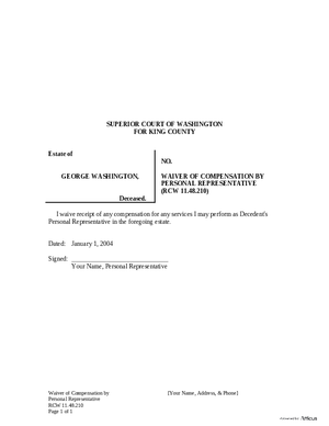 Thumbnail of Washington Form Waiver Of Compensation By Personal Representative