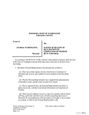 Thumbnail of Washington Form Waiver Of Receipt Of Declaration Of Completion Of Probate