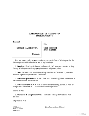 Thumbnail of Washington Form Will Contest