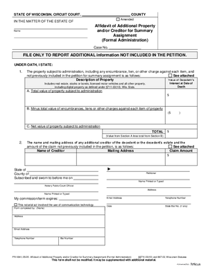 Thumbnail of Wisconsin Form Affidavit Of Additional Property And/or Creditor For Summary Assignment (Formal Administration)
