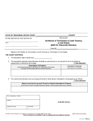 Thumbnail of Wisconsin Form Certificate Of Termination Of Joint Tenancy Or Life Estate (867.04)