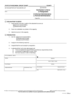 Thumbnail of Wisconsin Form Declination To Serve Or Resignation (Informal And Formal Administration)