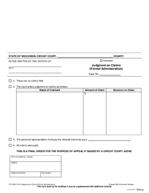 Thumbnail of Wisconsin Form Judgment On Claims (Formal Administration)