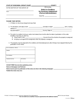 Thumbnail of Wisconsin Form Notice To Creditors For Summary Assignment (Formal Administration)