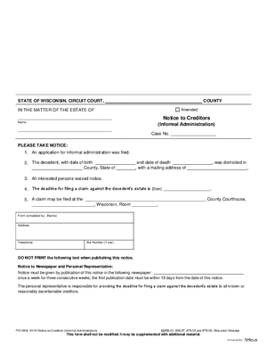 Thumbnail of Wisconsin Form Notice To Creditors (Informal Administration)