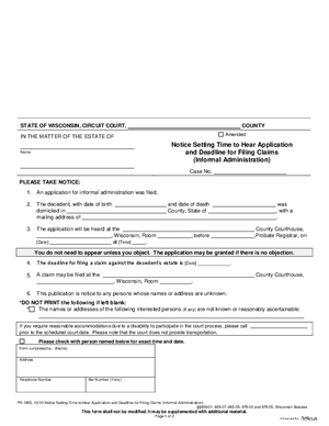 Thumbnail of Wisconsin Form Notice Setting Time To Hear Application And Deadline For Filing Claims (Informal Administration)