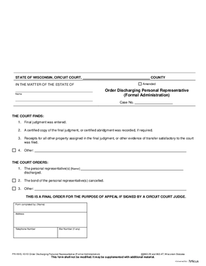 Thumbnail of Wisconsin Form Order Discharging Personal Representative (Formal Administration)
