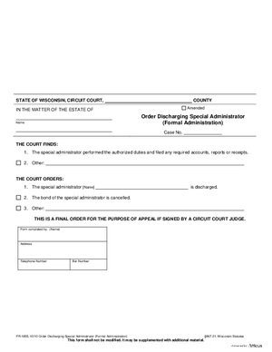Thumbnail of Wisconsin Form Order Discharging Special Administrator (Formal Administration)