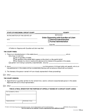 Thumbnail of Wisconsin Form Order Dispensing With Guardian Ad Litem (Informal And Formal Administration)