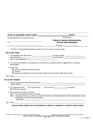 Thumbnail of Wisconsin Form Order For Special Administration (Formal Administration)