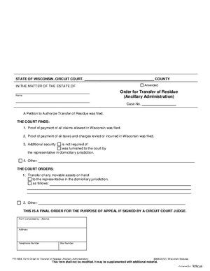 Thumbnail of Wisconsin Form Order For Transfer Of Residue (Ancillary Administration)