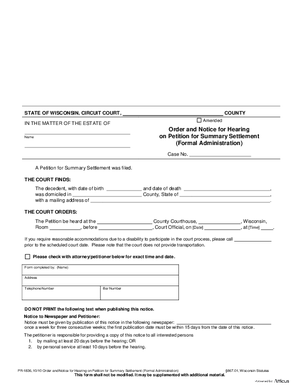 Thumbnail of Wisconsin Form Order And Notice For Hearing On Petition For Summary Settlement (Formal Administration)