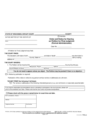 Thumbnail of Wisconsin Form Order And Notice For Hearing On Petition For Final Judgment (Formal Administration)