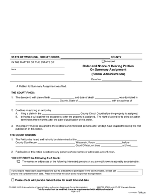 Thumbnail of Wisconsin Form Order And Notice Of Hearing Petition Of Summary Assignment (Formal Administration)