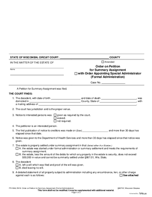 Thumbnail of Wisconsin Form Order On Petition For Summary Assignment (Formal Administration)
