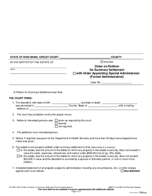 Thumbnail of Wisconsin Form Order On Petition For Summary Settlement (Formal Administration)