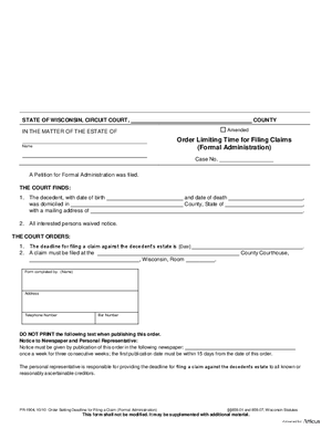 Thumbnail of Wisconsin Form Order Setting Deadline For Filing A Claim (Formal Administration)