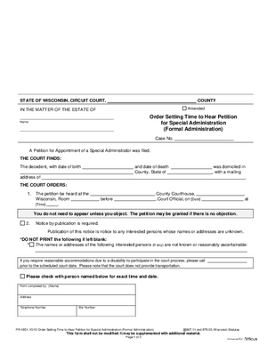 Thumbnail of Wisconsin Form Order Setting Time To Hear Petition For Special Administration (Formal Administration)