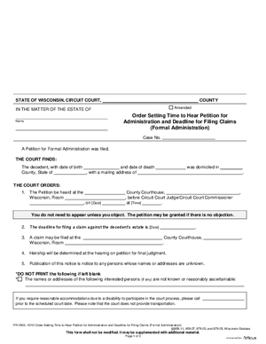 Thumbnail of Wisconsin Form Order Setting Time To Hear Petition For Administration And Deadline For Filing Claims (Formal Administration)