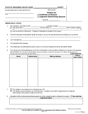 Thumbnail of Wisconsin Form Petition For Certificate Of Descent/judgment Determining Descent