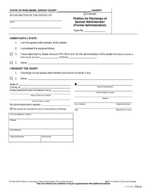 Thumbnail of Wisconsin Form Petition For Discharge Of Special Administrator (Formal Administration)