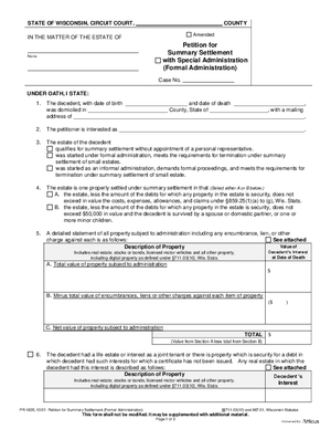 Thumbnail of Wisconsin Form Petition For Summary Settlement (Formal Administration)