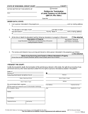 Thumbnail of Wisconsin Form Petition For Termination Of Joint Tenancy Or Life Estate (867.04)