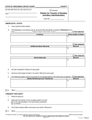 Thumbnail of Wisconsin Form Petition For Transfer Of Residue (Ancillary Administration)