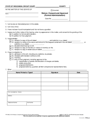 Thumbnail of Wisconsin Form Waiver, Consent And Approval (Formal Administration)